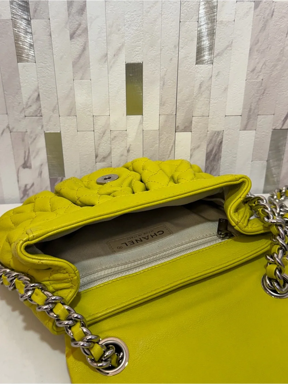 💛CHANEL Washed Acid Yellow Lambskin Quilted Mini Chain Around Flap Bag